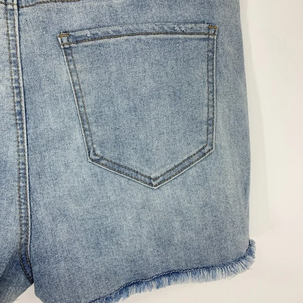 Forever 21 Denim Shorts Button Fly Blue Distressed Denim Fray - Picture 8 of 9